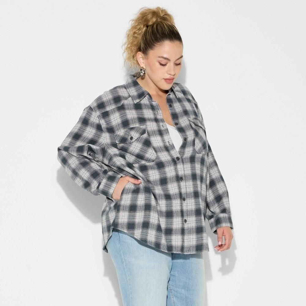 Women's Oversized Long Sleeve Collared Flannel Shirt - Wild Fable™ Black Plaid M